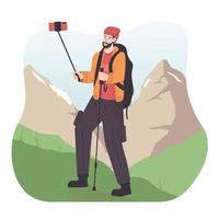 Young man traveler with backpack hiking in mountain while recording video using his smartphone. Travel blogger vector