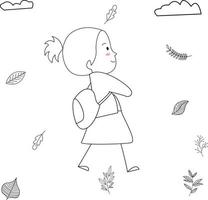 Hand Drawn Cartoon Happy Kids, Stock Vector - Imaginary illustration, a girl walking casually holding a bag