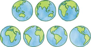 set of green earth globes. doodle illustration by watercolor and crayon vector