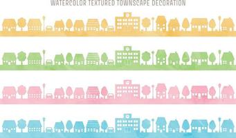 watercolor textured townscape decoration set. houses and trees silhouette illustration for background vector