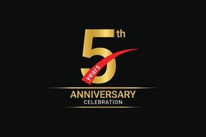 5th years anniversary golden number and red ribbon with banner design. vector