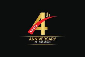 4th years anniversary golden number and red ribbon with banner design. vector