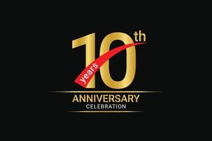 10th years anniversary golden number and red ribbon with banner design. vector