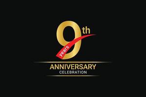 9th years anniversary golden number and red ribbon with banner design. vector