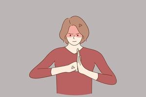 Aggression, negative emotions and lifestyle concept. Young angry woman cartoon character standing and showing fists forming wall like fighting at camera vector illustration