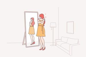 Self love, self esteem concept. Narcissist woman cartoon character standing at mirror and looking at reflection feeling proud hugging herself vector illustration