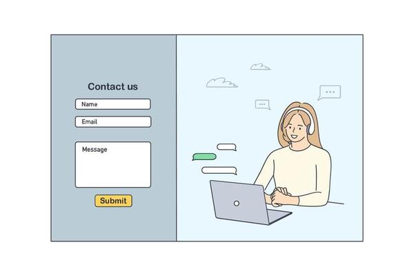 Contact us template form for web design concept. Young smiling woman customer service operator communicating with client at laptop. Helpdesk and customer support