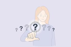 Question mark button concept. Young woman standing and choosing one of question marks touching with finger on screen vector illustration