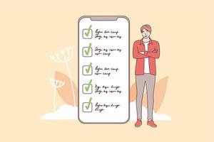 Successful task completion and time management concept. Young smiling man cartoon character standing near smartphone screen interface with completed tasks and duties vector illustration