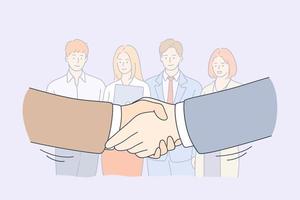 Handshake, partnership, business cooperation concept. Group of smiling young business workers colleagues standing and looking at shaking hands of head managers meaning collaboration in office vector