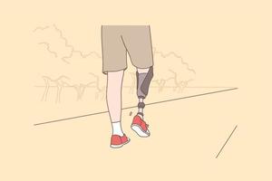 Disabled and handicapped people active lifestyle concept. Low angle view at disabled young man with prosthetic leg walking in park and enjoying walk vector illustration