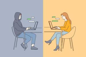 Online dating fraud, trick in internet communication concept. Young happy smiling female sitting at laptop having online date and chatting with fake boyfriend trusting him vector illustration