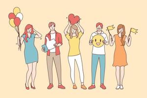 Positive thinking and emotions concept. Smiling happy young people cartoon characters standing in line communicating positive thoughts and feelings to each other vector illustration