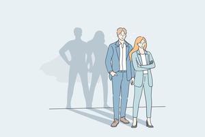 Successful cooperation and business team concept. Young man and woman business people partners standing together with big hero superman shadows on wall meaning strength of unity vector