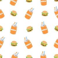 Seamless pattern with burger and soda. Junk food and drinks. Vector illustration for banner, menu, wrapping paper