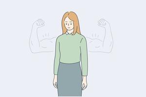 Woman self esteem, confidence, strength concept. Young woman standing looking down with strong biceps behind like powerful hero showing her inner strength illustration