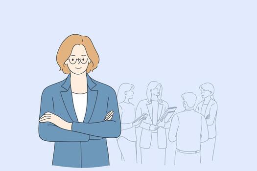 Office work and daily routine concept. Smiling woman female boss in glasses standing with company processes and colleagues during work or job daily routine behind as leader and business controller vector