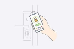 concepto de sistema de seguridad móvil en línea. primer plano de las manos humanas que controlan la seguridad de la casa con la aplicación móvil en el teléfono inteligente, bloqueando la ilustración vectorial en línea de la puerta vector