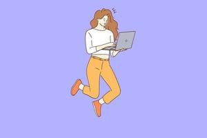 conexión en línea, tecnología, concepto de comunicación. joven mujer adolescente sonriente escribiendo en una laptop usando una camisa de mezclilla levitando en el aire sobre una ilustración de fondo azul vector