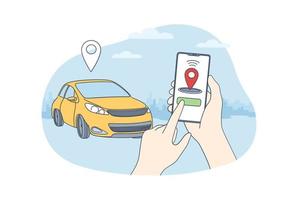 compartir coche y concepto de aplicación en línea. manos humanas que sostienen el teléfono inteligente con la aplicación de estacionamiento inalámbrico autónomo servicio de uso compartido de automóviles conectados a distancia ilustración vectorial vector