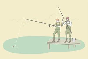 Fishing and recreation sport leisure concept. Two young men friends in boots cartoon characters fishing at river bank together vector illustration. Outdoor summer recreation