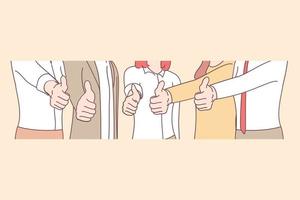 Success, teamwork, cooperation concept. Group of business people workers standing together and showing thumbs up signs with fingers in office vector illustration