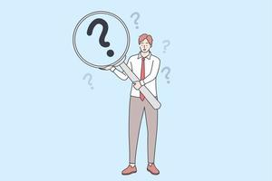 Frequently asked questions, query, investigation concept. Young businessman cartoon character holding magnifying glass and looking through searching for information vector illustration.
