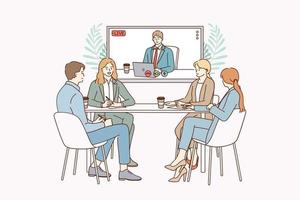 Video conference and teamwork concept. Positive people colleagues teammates sitting in office and having online conference remote meeting with partner vector illustration