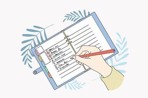 Motivation and aiming for new life concept. Human hands making list of resolutions for starting new life writing in planner and making notes vector illustration, top view