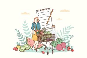 Healthy lifestyle and nutrition food concept. Young smiling woman cartoon character carrying fresh healthy vegan ingredients in shopping trolley bag in supermarket for eating balanced meals vector