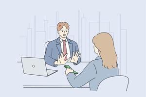 Business frauds, bribes and illegal business concept. Businessmen refusing to take dollars bribe from woman partner during meeting in office in signing contract and making corruption illustration vector