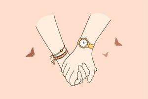 Holding hands, love, togetherness concept. Close-up of couples hands holding each other during walk feeling love and tenderness illustration vector