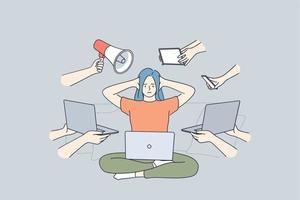 Multitasking, stress, business efficiency concept. Young frustrated stressed woman sitting with laptop covering ears with hands workaholic feeling too tired of many tasks for work vector