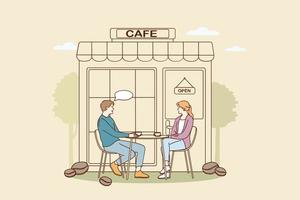 Coffee shop and cafeteria concept. Young smiling couple cartoon characters sitting outdoors drinking coffee and chatting in cafeteria vector illustration