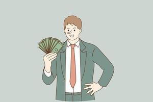 fraude financiero, ganar dinero con el concepto de engaño. personaje de dibujos animados de hombre de negocios mentiroso sonriente de pie sosteniendo un montón de dólares en la mano ilustración vectorial vector