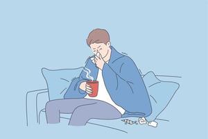 Flu, fever, infection concept. Sad man cartoon character sitting on sofa in warm blanket with hot drink and feeling ill sick and flu sneezing vector illustration