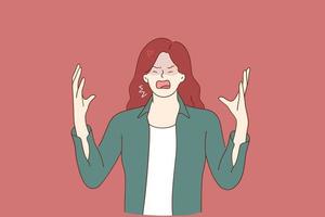Hate, rage, emotional scream concept. Crying emotional angry young woman cartoon character standing screaming showing gestures with fingers feeling furious aggressive displeased vector illustration