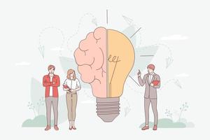 Brainstorming in imagination concept. Creative brain with innovative knowledge and genius approach to business and business people standing nearby vector illustration. Smart symbol as light bulb