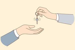 Buying renting and leasing accommodation concept. Hand of real estate agent giving keys of house flat to customer after signing contract in agency vector illustration