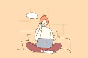 Freelance, online working, distant job concept. Positive girl cartoon character sitting with phone and laptop and working from home like freelancer or student studying from home vector illustration