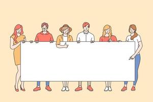 Protesters or activists concept. Group of young men and women cartoon characters standing together and holding white blank mockup banner in hands during taking part in parade or rally illustration vector