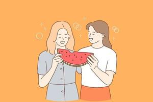 Healthy diet food and friendship concept. Two young positive girls standing and enjoying piece of ripe juicy red watermelon and laughing together outdoors vector illustration