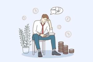 Financial problems and bankruptcy concept. Young sad depressed businessman sitting on chair thinking about finding money for paying bills during crisis vector illustration