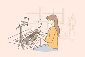 concepto de lección de música distante remota. pequeña niña positiva sentada tocando piano digital y grabando video en el teléfono durante el aprendizaje en línea y el chat de video desde la ilustración del vector doméstico