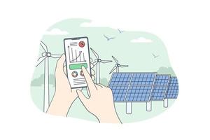 Sustainable renewable energy concept. Human hands holding mobile smartphone with electricity energy usage monitoring app with power plant storage station with solar panels on background illustration vector