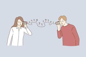 Misunderstanding, communication problems, questions concept. Man and woman couple cartoon characters having troubles in communication trying to hear each other with glasses and wire illustration vector