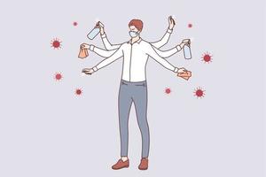 Protection from Coronavirus COVID-19 infection concept. Young businessman in medical face mask with multiple hands washing, sanitising hands and cleaning surfaces to protect from coronavirus vector