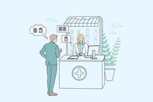 Online drugstore and pharmacy concept. Man cartoon character choosing drugs in online pharmacy shop and talking to virtual pharmacist woman at desk vector illustration