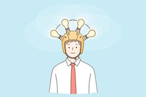 Great idea, business development, innovation concept. Happy young businessman cartoon character standing in helmet with signing lamps on head having great idea for business development vector