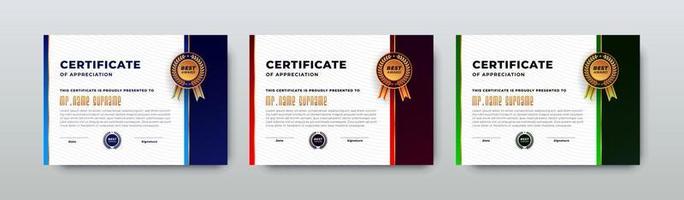 Set of 3 beautiful color gradients certificate of achievement template, Vector combination for certificate in flat style, Diploma certificate template.